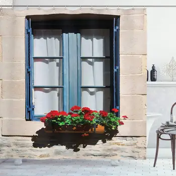 Country Shower Curtain, Mediterranean Style Window with Open Window Shutters Image French Urban Life Theme, Cloth Fabric
Country Shower Curtain, Mediterranean Style Window with Open Window Shutters Image French Urban Life Theme, Cloth Fabric