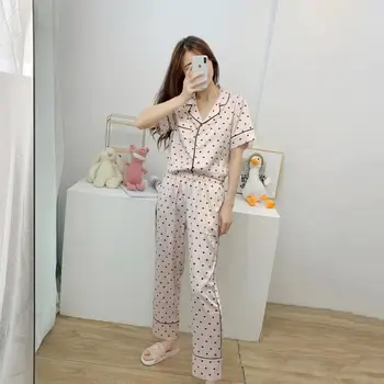 Summer Pink Pijamas Women Cotton Short Sleeve Long Trousers Pajamas Set with Heart-shaped Printed Home Suit Cotton Sleepwear
Summer Pink Pijamas Women Cotton Short Sleeve Long Trousers Pajamas Set with Heart-shaped Printed Home Suit Cotton Sleepwear