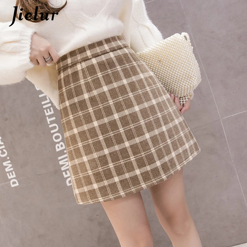 

Jielur Comfortable A-line Plaid Woolen Skirts Women 2021 New Autumn Winter Korean Style Slim Sweet Girls Black Mini Skirt S-XL