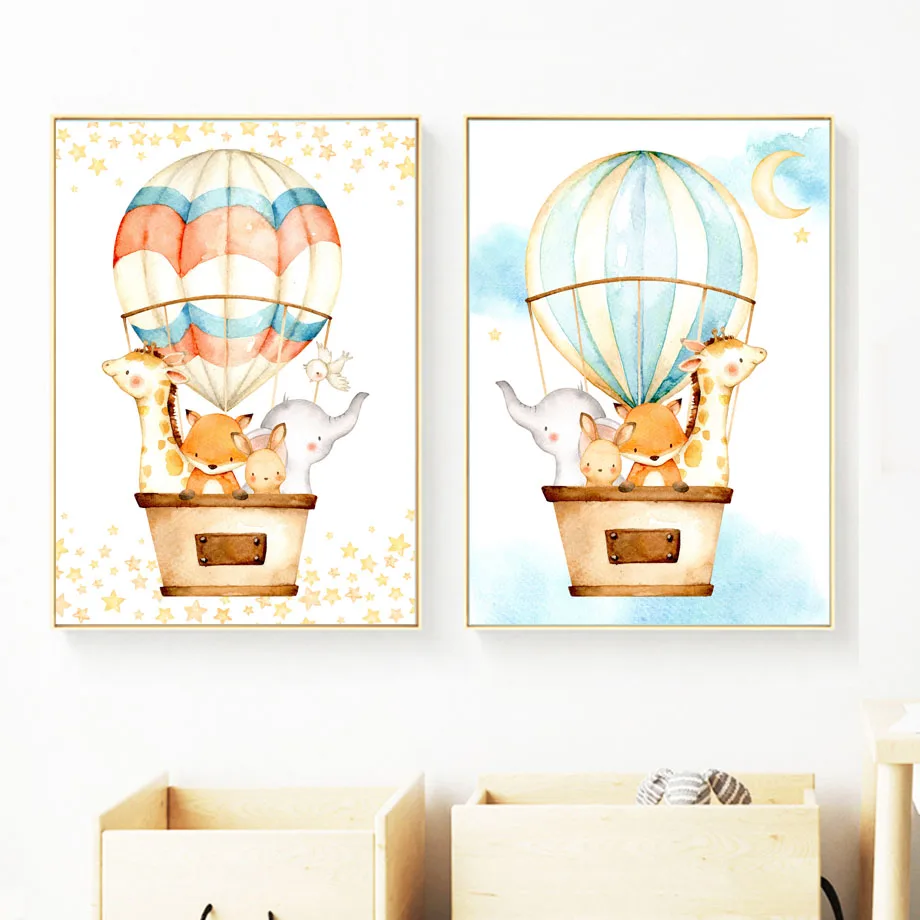 Watercolor Fox Rabbit Giraffe Elephant Balloon Nordic Posters And Prints Wall Art Canvas Painting Wall Pictures Kids Room Decor