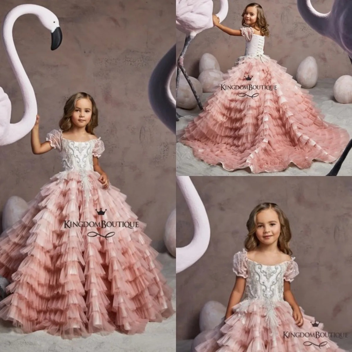 

Luxury Ball Gown Flower Girl Dresses Lace Appliques Tiers Gilrs Pageant Dress Jewel Neck Little Kids First Communion Gowns