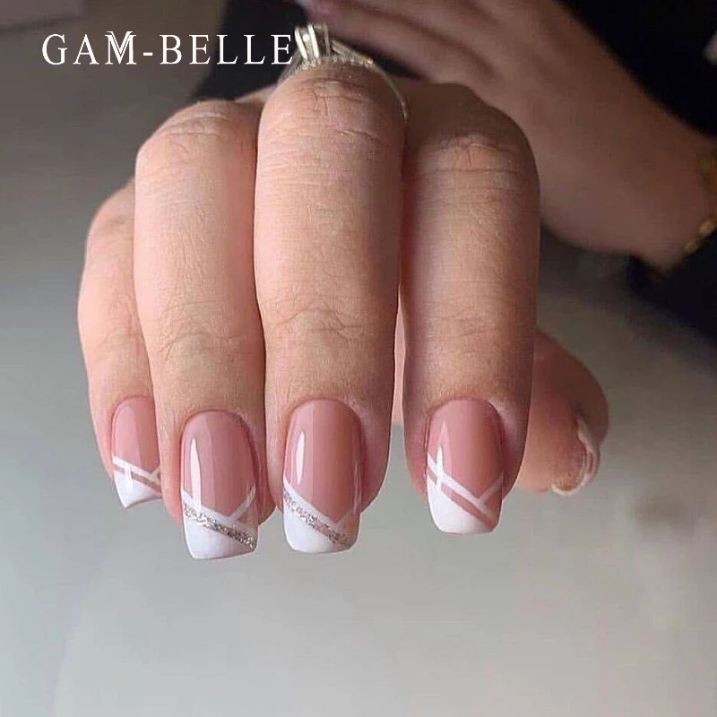 GAM-BELLE Natural Nude White Glitter French False Nails Square Shape UV Gel Artificial Nail Tips Full Cover Manicure Beauty Tool | Красота и