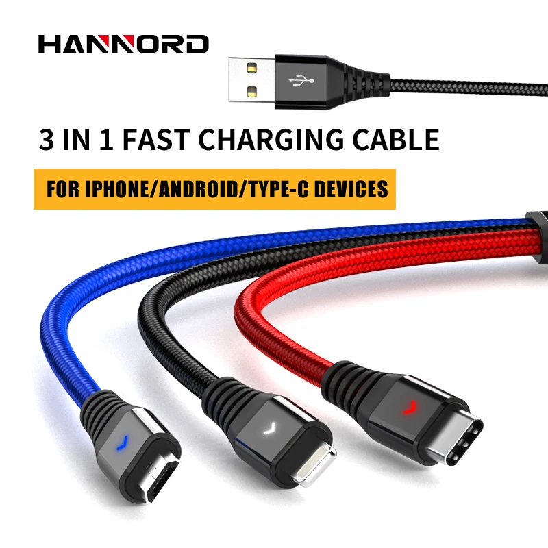 Hannord 3 in 1 USB Charging Cable for iPhone XS Max XR X 8 7 6 5 For Xiaomi Samsung Android Mobile Phone Micro USB Type C Cable
Hannord 3 in 1 USB Charging Cable for iPhone XS Max XR X 8 7 6 5 For Xiaomi Samsung Android Mobile Phone Micro USB Type C Cable