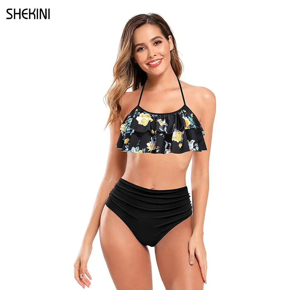 

SHEKINI Women's Swimwear Halter Ruffled Flounce Bikini Set High Waisted Ruched Bottoms Two Piece Swimsuits Beach Bathing Suits