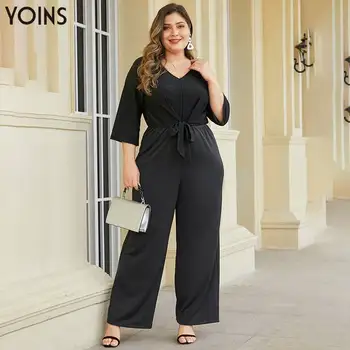 

YOINS Women Elegant Tie-up V-neck 3/4 Length Sleeve Jumpsuit 2020 Casual Rompers Playsuits Female Overalls Plus Size Body Tops