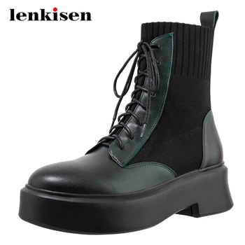 Lenkisen new motorcycle boots natural leather mixed cloth knitting waterproof high square heel round toe lace up ankle boots L76
Lenkisen new motorcycle boots natural leather mixed cloth knitting waterproof high square heel round toe lace up ankle boots L76