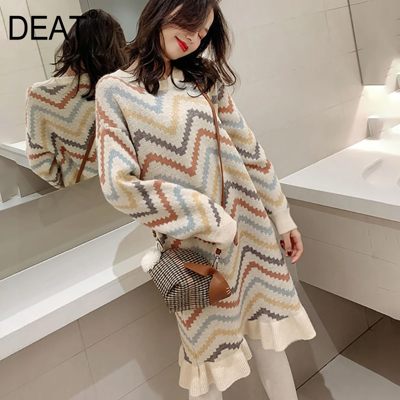 

[DEAT] 2019 Winter New Pattern Trend Long Sleeve Knitted Fashion Wild Color Striped Round Neck Fishtail Sweater Dress AD094