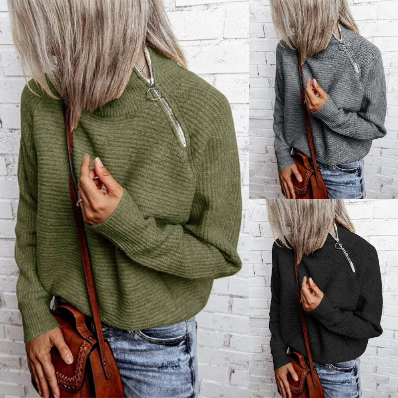 

Full Sleeve Front Zipper Sweater Shirts Girls Stretchy Vintage Bottoming Thick Winter Sweaters Pullovers Tops Women