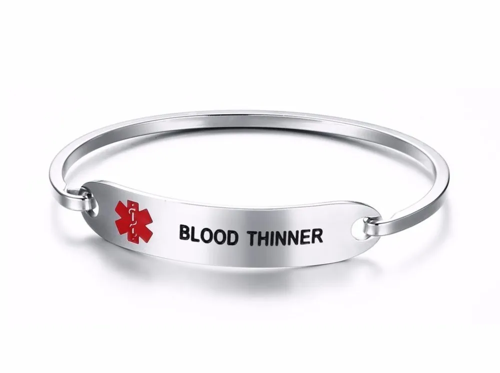 women Stainless Steel Medical Alert ID Bangle Bracelet Silver BLOOD THINNER 11