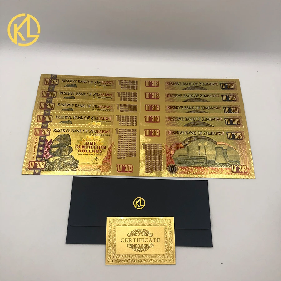 10pcs Zimbabwe Gold Banknote One Centillion Dollars with cetificate and security label UV Light for collection
10pcs Zimbabwe Gold Banknote One Centillion Dollars with cetificate and security label UV Light for collection