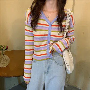 Autumn 2020 new long sleeve Sweater cardigan Korean loose top Rainbow Stripe high waist sweater coat
Autumn 2020 new long sleeve Sweater cardigan Korean loose top Rainbow Stripe high waist sweater coat