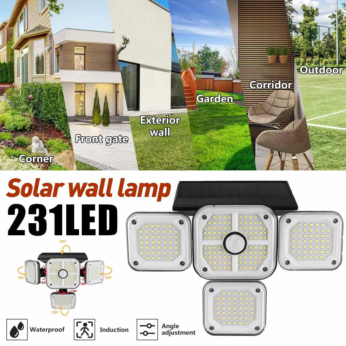 Solar Lights Outdoor 231LED Wall Lamp with Adjustable 4 Heads Security LED Flood Light IP65 Waterproof with 3 Working Modes
Solar Lights Outdoor 231LED Wall Lamp with Adjustable 4 Heads Security LED Flood Light IP65 Waterproof with 3 Working Modes