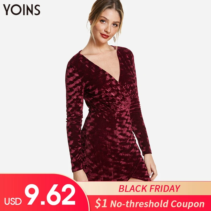 

YOINS 2019 Spring Autumn Winter Dress Women Burgundy Sexy Bodycon Tight-waisted Wraped Velvets Long Sleeves Dress Party Club