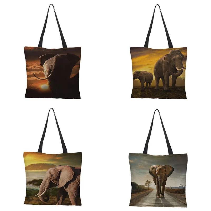 Двусторонняя льняная большая сумка для покупок с принтом слона женщин Сумка-тоут