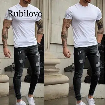 

Fashion Hole Distressed Jean Mens Stretchy Ripped Skinny Biker Jeans Frayed Slim Fit Destroyed Taped Denim Pants Fit Trouser