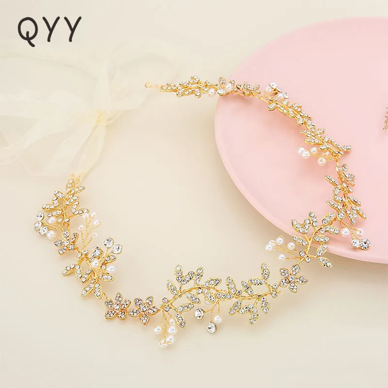 

QYY Classic Rhinestone Wedding Hair Vine Bridal Hair Accessories Handmade Alloy leaf Headpieces Headbands for Bride Tiaras