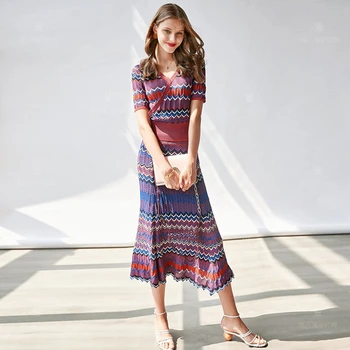 Suits Women Two Pieces Set Spring And Summer Knitted V Neck Knitted Half Sleeves Elastic Waist Thin Half Skirts New Fashion Styl