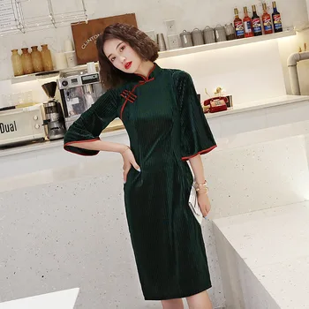 Flower Velour Lady Cheongsam A-line Mini Female Qipao Vintage Button Mandarin Collar Printed Novelty Chinese Traditional Dress 
Flower Velour Lady Cheongsam A-line Mini Female Qipao Vintage Button Mandarin Collar Printed Novelty Chinese Traditional Dress