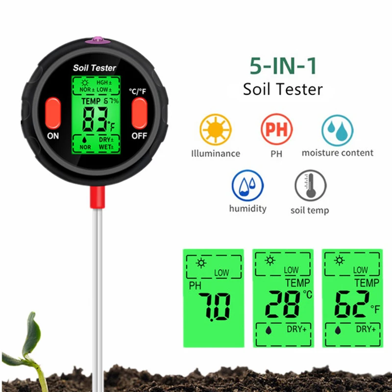 

5-in-1 Pot Soil Tester PH Analyzer Meter Thermometer/Moisture/Acidity PH/Humidity Sensor For Garden Plant Soil PH Tool