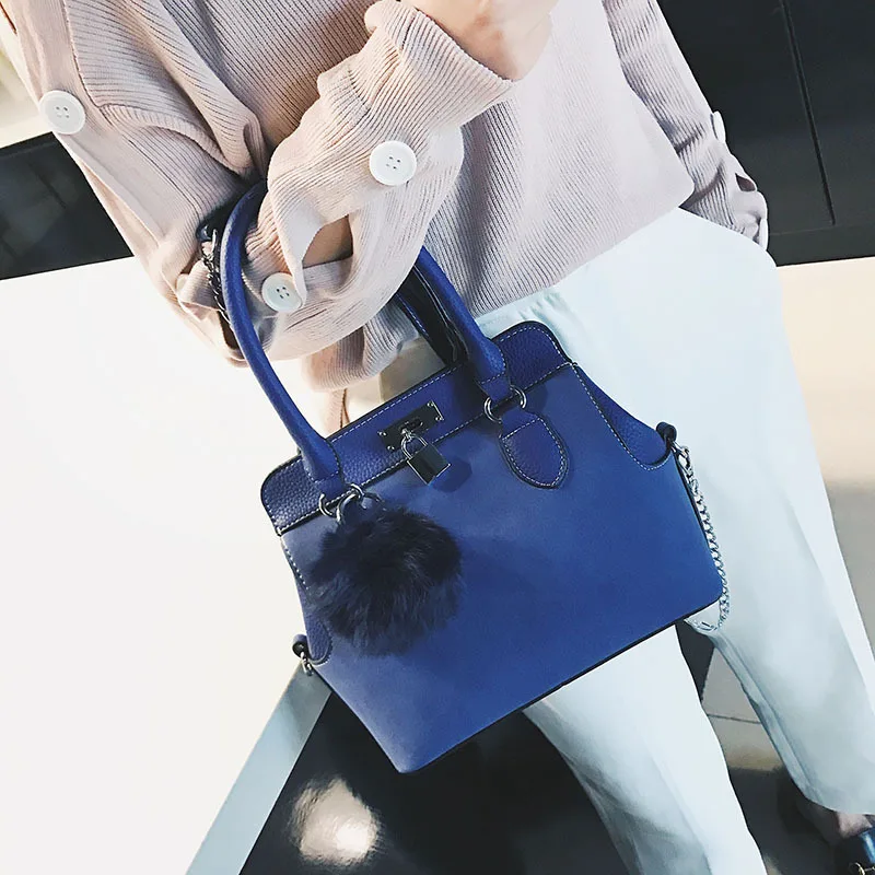 2019 New Style Dull Polish Pillow Fuzzy Ball Pendant Stripes Wide Strap Shoulder Oblique Handbag