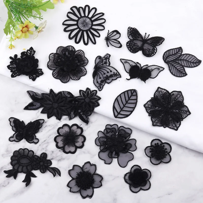 

5PCS Organza Embroidery Lace Patch For Clothing Sticker Black Lace Flower Butterfly Appliques Wedding Dress Sew On Patched