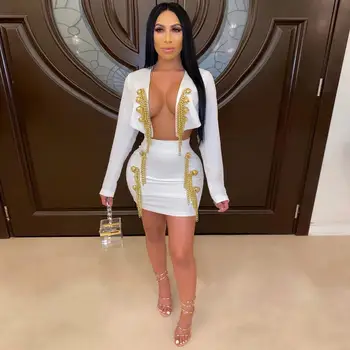 Black and White Color Women's Two Piece Dress Long Sleeve Tops and Skirts Rayon Bandage Fashion Women's Set 
Black and White Color Women's Two Piece Dress Long Sleeve Tops and Skirts Rayon Bandage Fashion Women's Set