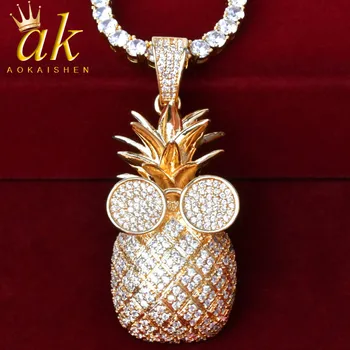 

Gold Color Pineapple shape Necklace & Pendant With 4mm Tennis Chain AAA Cubic Zircon Men's Women Hip hop Rock Jewelry 2.4x5.8CM