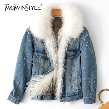 TWOTWINSTYLE Patchwork Diamond Denim Jacket For Women Fur Lapel Collar Long Sleeve Pocket Jackets Female Spring Fashion New 2020
TWOTWINSTYLE Patchwork Diamond Denim Jacket For Women Fur Lapel Collar Long Sleeve Pocket Jackets Female Spring Fashion New 2020