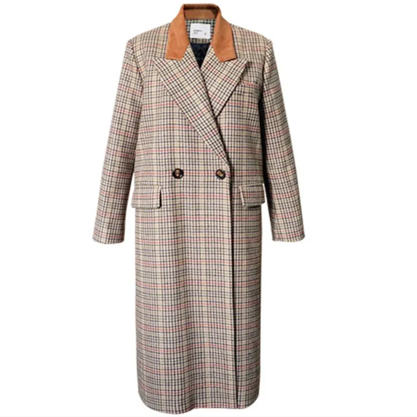 Женское шерстяное пальто в клетку элегантное свободное винтажном стиле с
