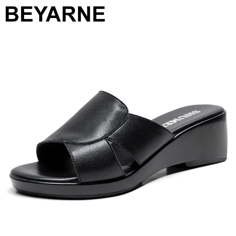 

BEYARNE 2020 Fashion Genuine Leather Slippers Women Summer Shoes Platform Sandals Ladies Wedges Sandals Thongs