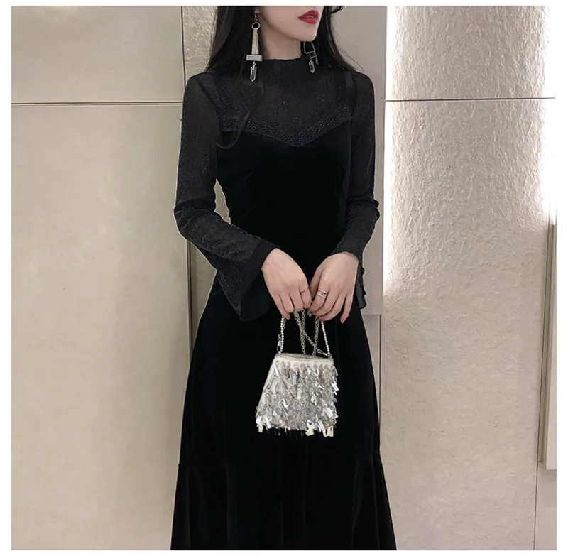 2020 Women Elegant Black Lace Velvet Dress Female Flare Sleeve Autumn Winter Vestido Casual Slim Velour Dresses WXF628
2020 Women Elegant Black Lace Velvet Dress Female Flare Sleeve Autumn Winter Vestido Casual Slim Velour Dresses WXF628