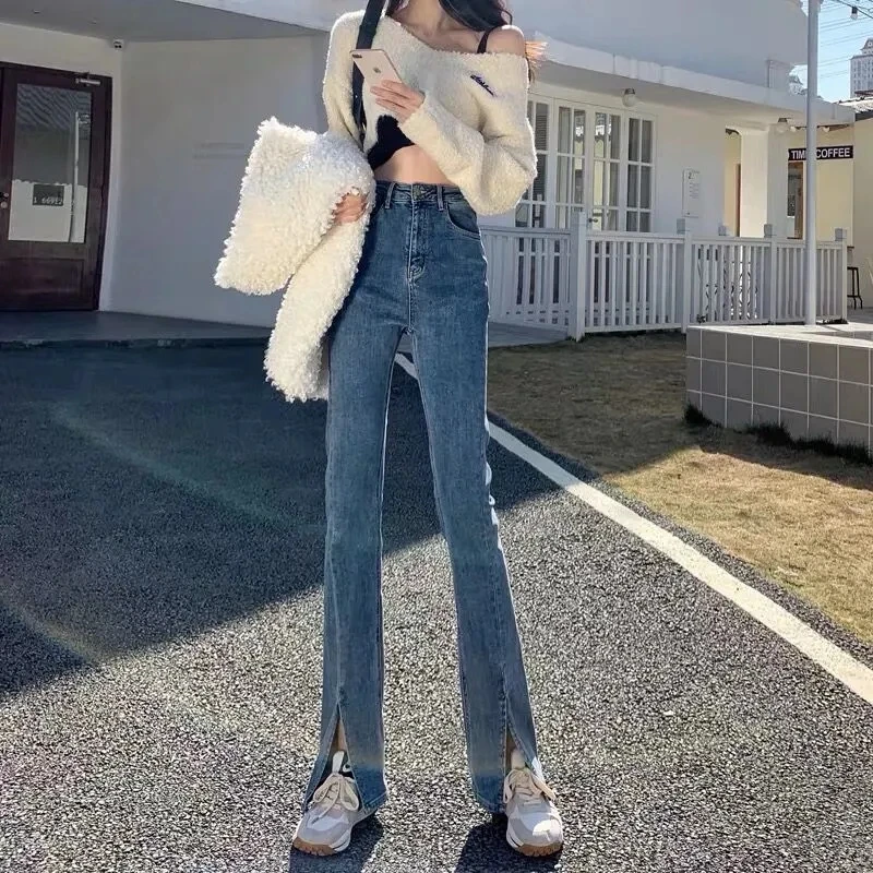 

High Waist Jeans Pants Women 2021 Spring New Slim Fashion Washed Trousers Lady Girls Lean-Look Split Casual Denim Flares Pants