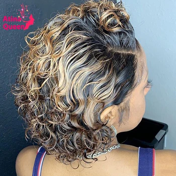 

Bob Short Deep Curly Lace Front Wig Colored Ombre Pixie Cut Wig Human Hair Wigs Preplucked Bleached Knots Remy Honey Blonde Wig