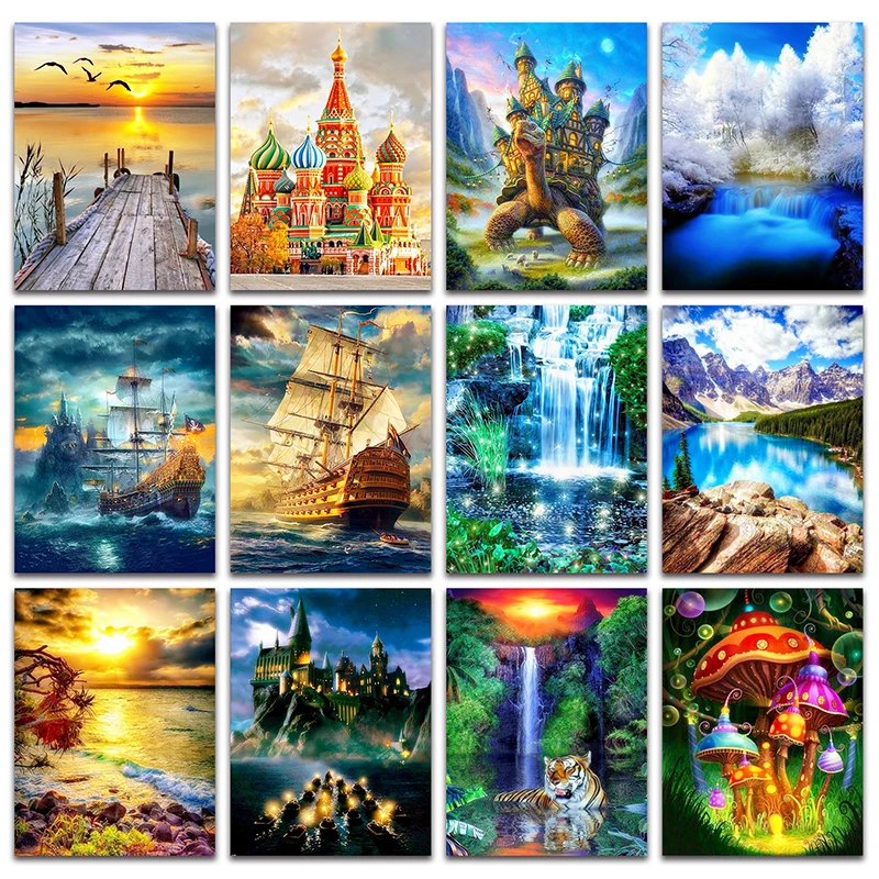 Фото Diamond mosaic landscape Castle ocean ship Full painting House tree River embroidery waterfall Sunset decor 01 | Дом и сад