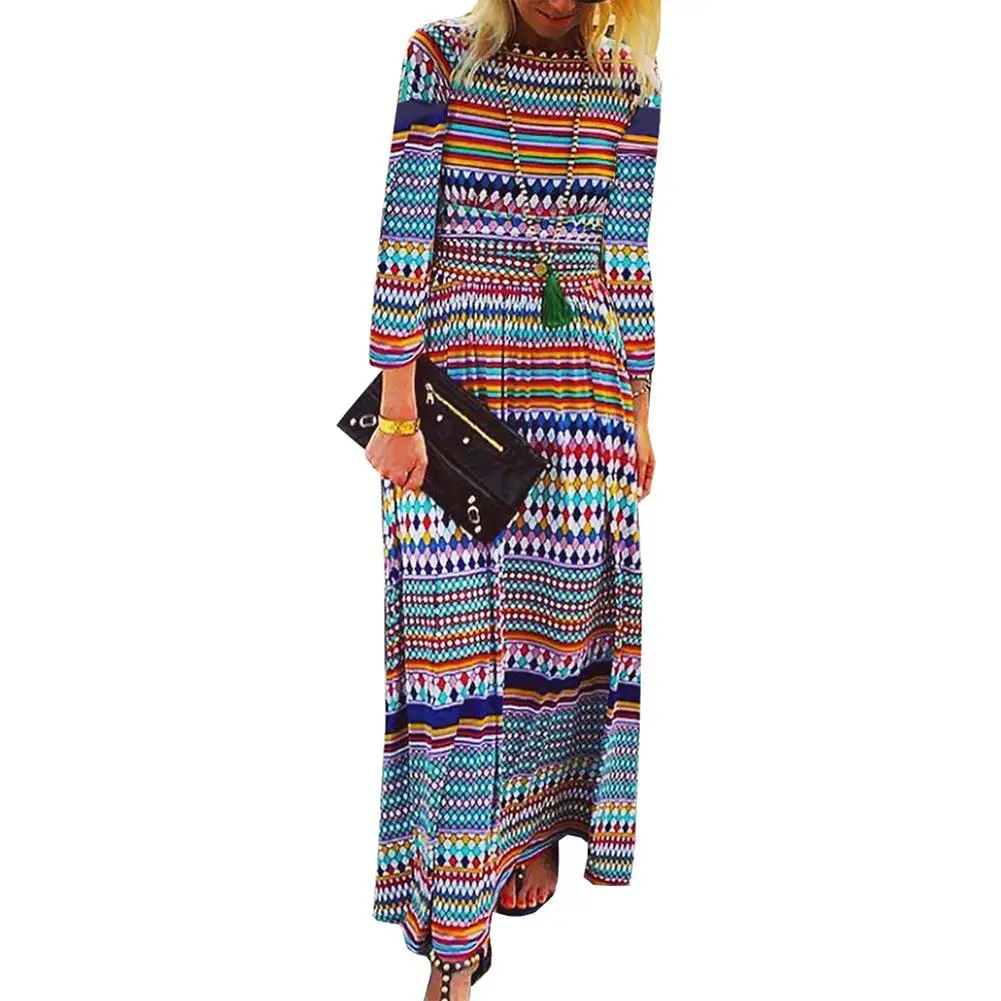 Bohemian Autumn Women Dress Colorful Striped Geometric Print Long Sleeve Round Neck Full Length Dress For Women's Clothing
Bohemian Autumn Women Dress Colorful Striped Geometric Print Long Sleeve Round Neck Full Length Dress For Women's Clothing
