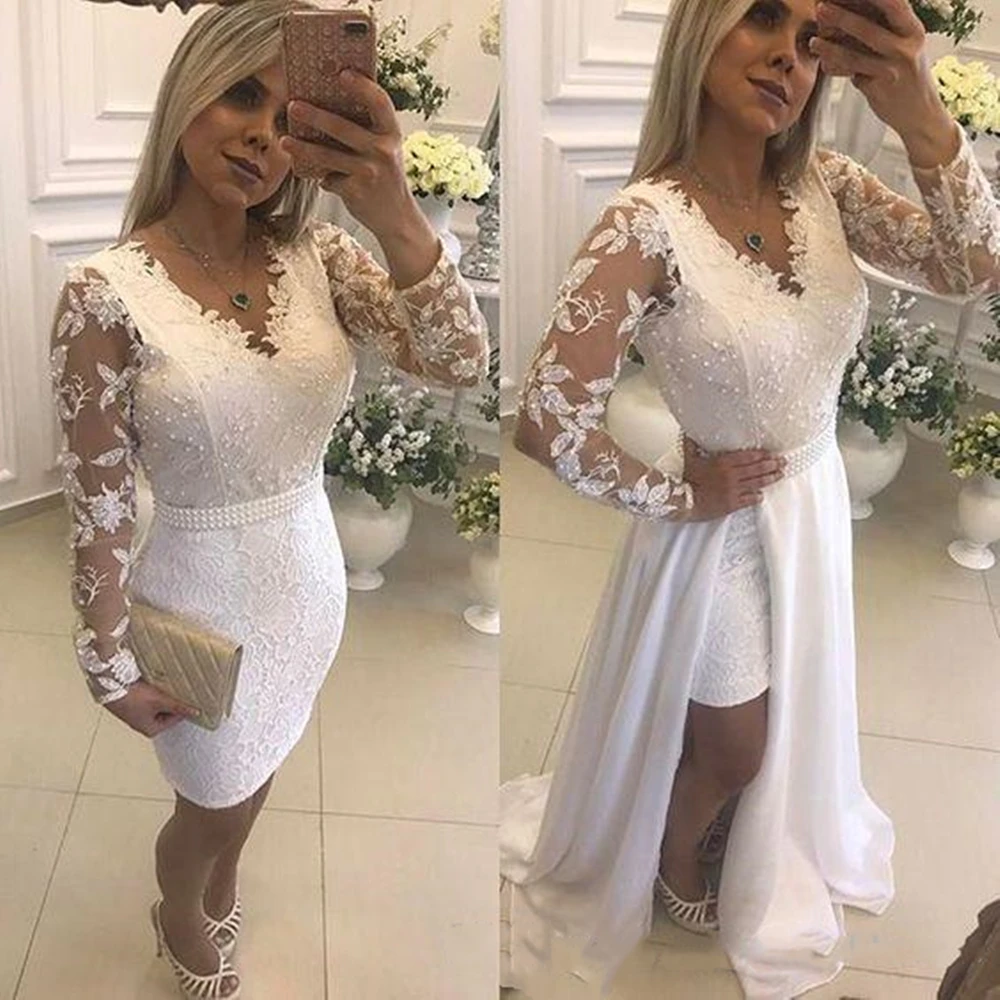 

White Pearls Short Party Evening Dresses With Detachable Skirt Illusion Long Sleeves Lace Formal Prom Gowns robes de soirée