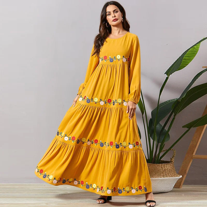 

Colored Floral Embroidery Maxi Dress Layered Pleated Empire Swing Bohemian Long Dress Fashion Arabian Oman Duabi Abaya