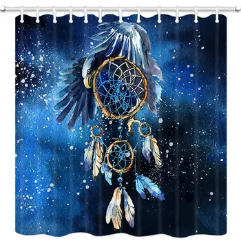 

Dream Catcher Feathers Shower Curtain Mystic, Watercolor American Wind Chime Style Feathers For Good Luck Fantasy Bath Curtains