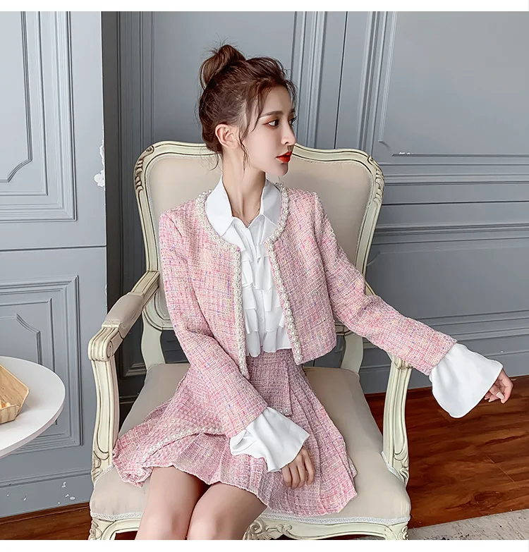 FREE SHIPPING Tweed Two Piece Set Short Jacket And Plaid Pleated A Line Skirt JKP4847 FREE SHIPPING Tweed Two Piece Set Short Jacket And Plaid Pleated A Line Skirt JKP4847