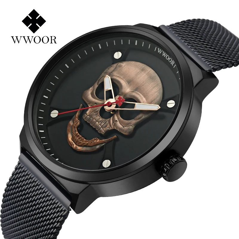 Фото 2021 WWOOR брендовые черные пояса сетки мужские часы модные спортивные крутой череп