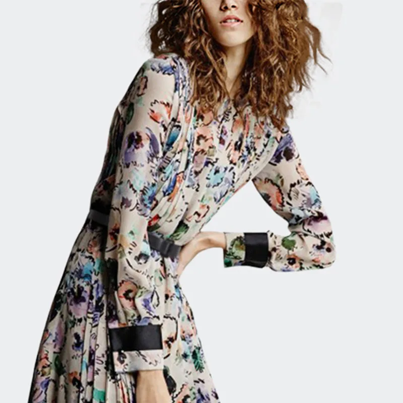 Printed Dress Women's European Goods Europe And America Western Style Casual Dress Long-Style Elegant Pleated Skirt 
Printed Dress Women's European Goods Europe And America Western Style Casual Dress Long-Style Elegant Pleated Skirt