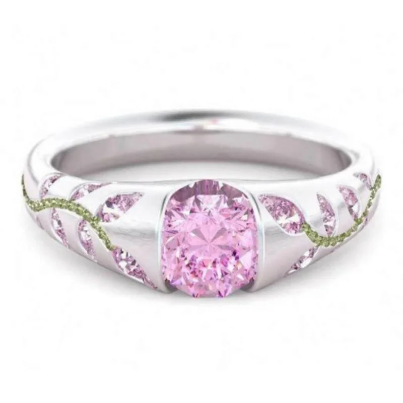 

Carofeez Romantic Pink Crystal Rhinestones Rings For Women Jewelry Wedding Band Girl Gift Exquite Leaves Women Rings