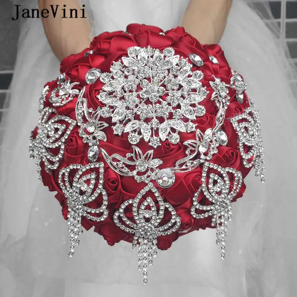 

JaneVini Luxury Diamond Red Wedding Bouquets Beaded Tassel Handmade Satin Roses Bridal Holding Flowers Brooch Bouquet De Mariage