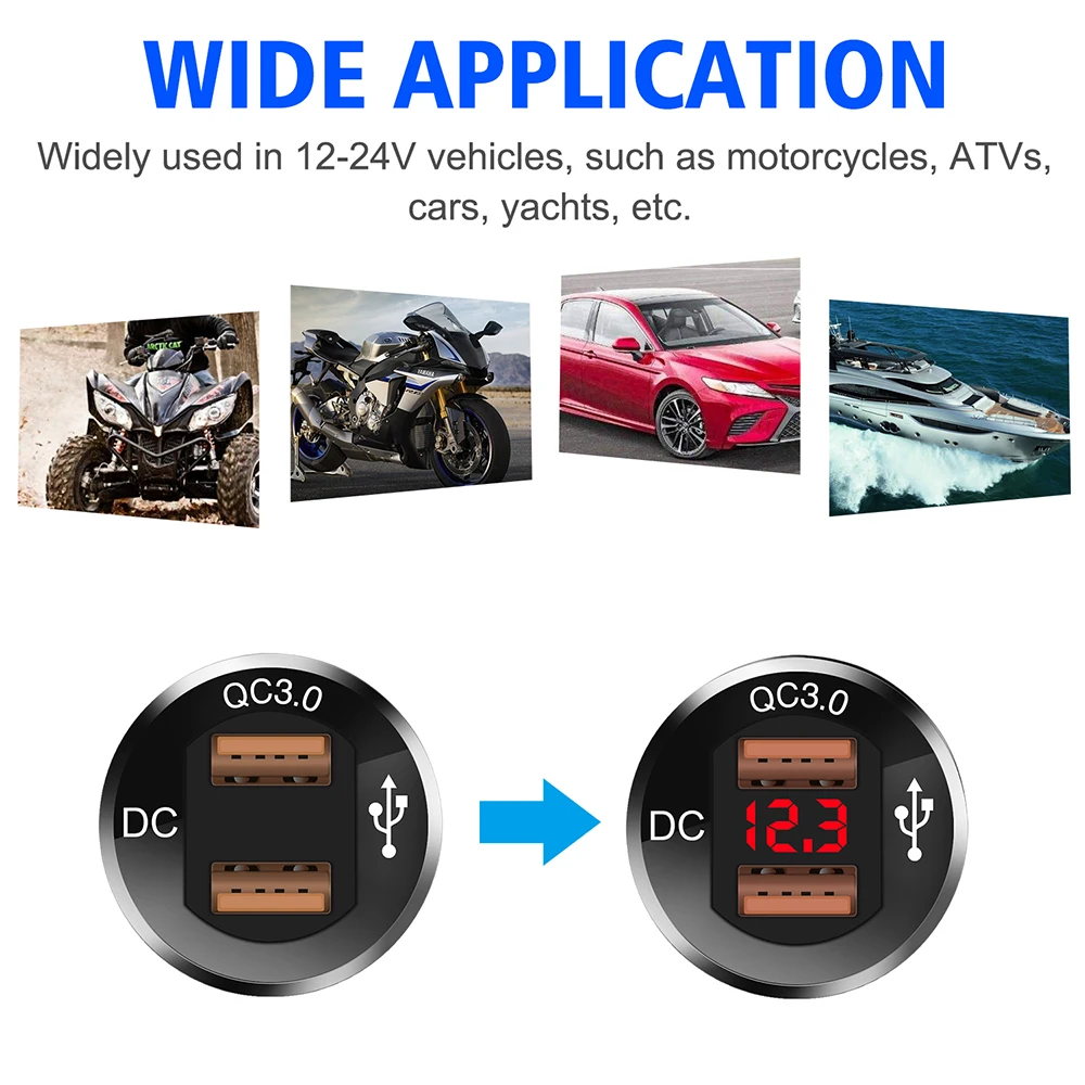 12V-24V Car Motorcycle Dual USB Charger Mobile Phone Tablet Dual QC3.0 Quick Charging Socket Adapter with Digital Display
12V-24V Car Motorcycle Dual USB Charger Mobile Phone Tablet Dual QC3.0 Quick Charging Socket Adapter with Digital Display