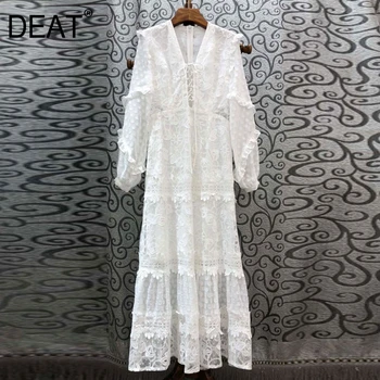 DEAT 2020 new summer lantern sleeves lace embroidery V-neck pullover long hollow out dress female vestido 7A02611L vacation 
DEAT 2020 new summer lantern sleeves lace embroidery V-neck pullover long hollow out dress female vestido 7A02611L vacation
