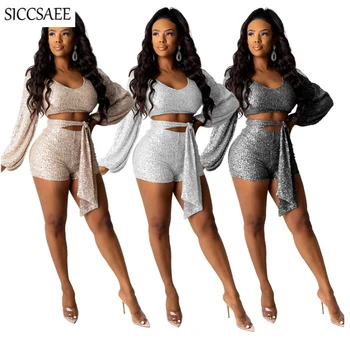 V Neck Crop Top And Shorts Sets Glitter Bodycon Bodysuit With Sashes Sequins Luxury Bandage Playsuits Sexy Sparkly Two Piece Set 
V Neck Crop Top And Shorts Sets Glitter Bodycon Bodysuit With Sashes Sequins Luxury Bandage Playsuits Sexy Sparkly Two Piece Set