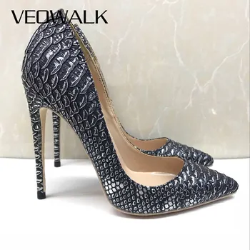 

Veowalk Crocodile Effect Embossed Women Sexy Pointed Toe High Heels Slip On Stilettos Chic Ladies Dress Pumps Shoes 12/10/8cm