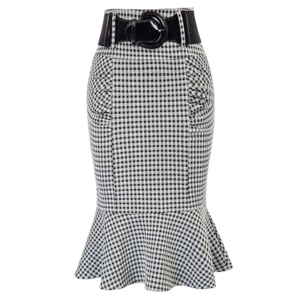 

Belle Poque Women Vintage Mermaid Hem Bodycon Skirt With Belt Shirred Detail Pencil Skirt Plaid High Waist Office Lady Workwear