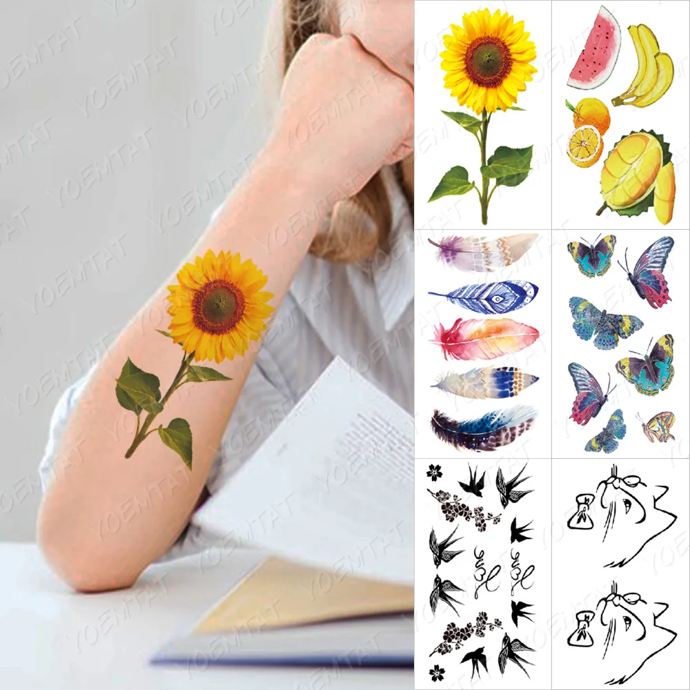 Waterproof Lasting Temporary Tattoo Sticker Sunflower Banana Fruit Feather Butterfly Cat Cute Child Female Flash Tatoo Stickers 
Waterproof Lasting Temporary Tattoo Sticker Sunflower Banana Fruit Feather Butterfly Cat Cute Child Female Flash Tatoo Stickers