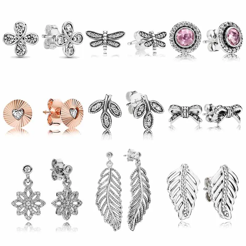 

925 Sterling Silver Rose Sparkling Leaves Bow Petite Dragonfly Statement Feathers Fashion Earrings For Women Jewelry Gift